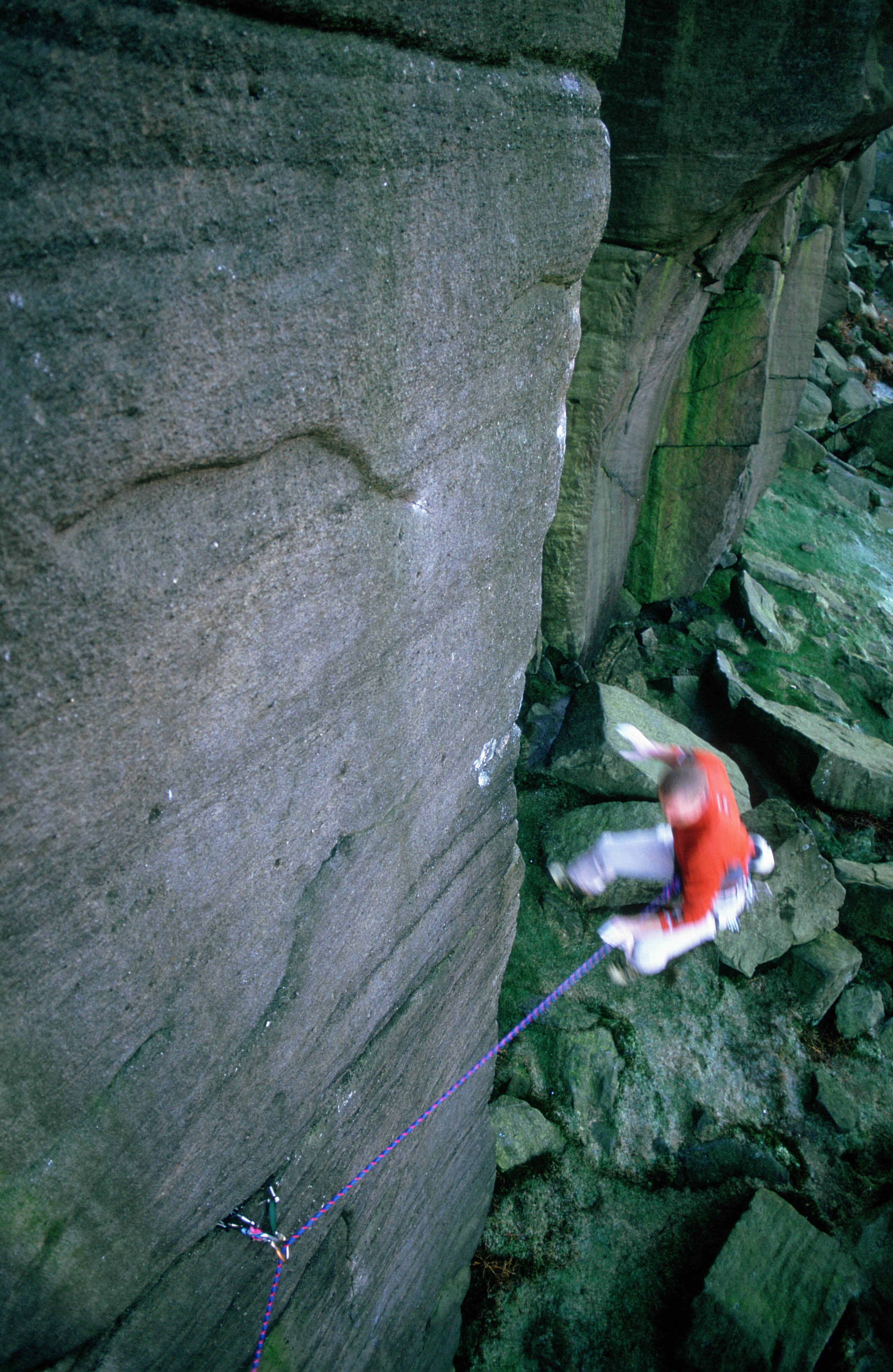 Falling from Equilibrium E10 7a, Burbage during the second ascent in 2002. Photo: Mike Robertson