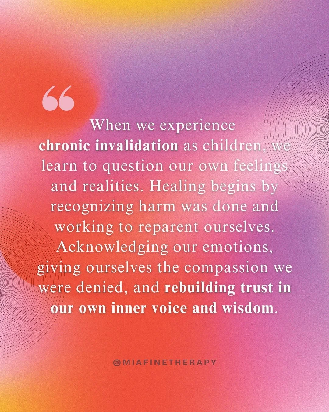 When we grow up with chronic invalidation, we learn to question our own feelings and realities. Healing starts with recognizing that harm was done and that we deserve to reclaim what we lost.

Reparenting is the process of giving yourself what you di