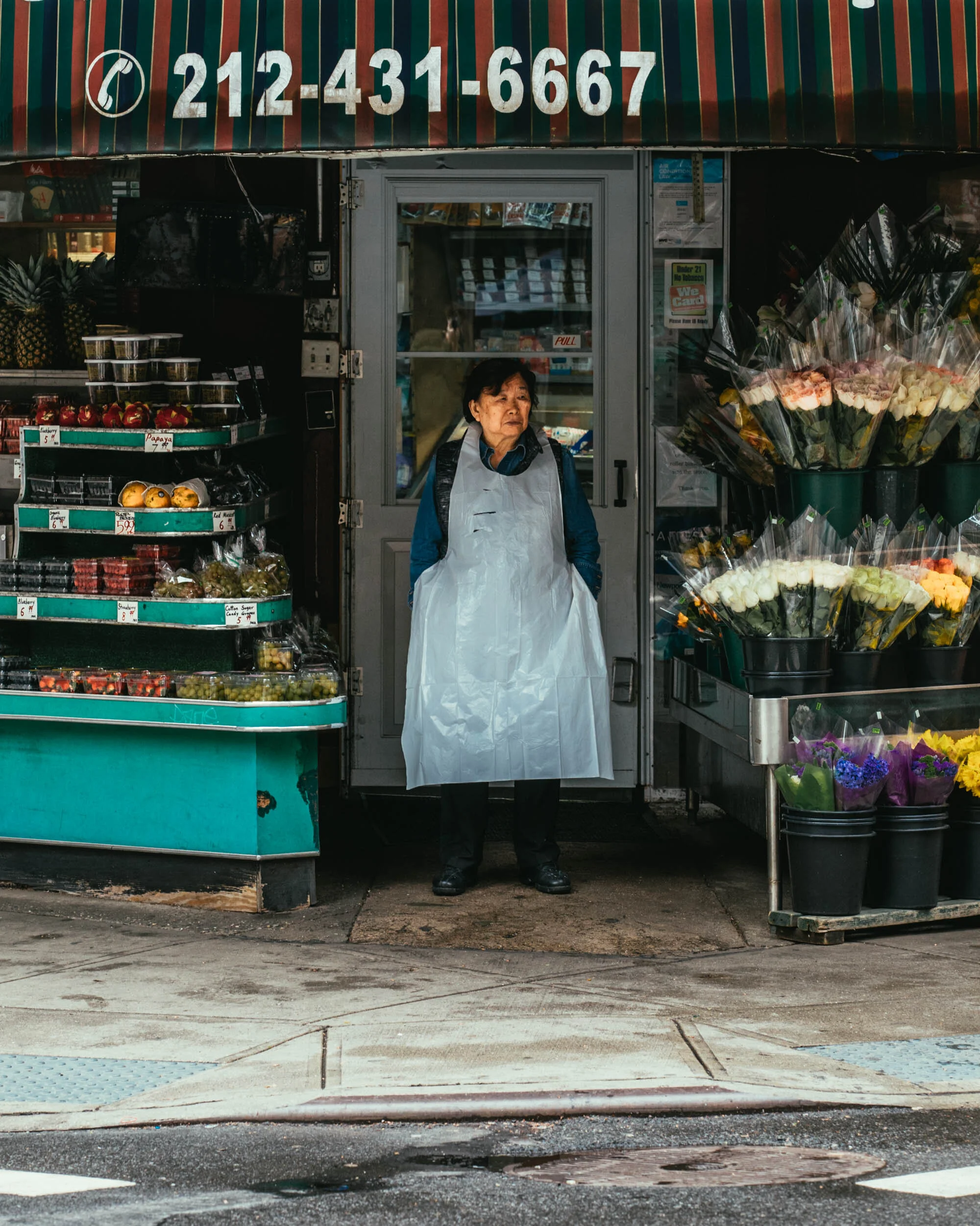  The owner of H&amp;H Kim corporation stands outside her SoHo grocery store. Across manhattan, shopkeepers spend a great deal of time waiting in empty stores. Upon the eventual arrival of customers some show relief, glad to have the business. Others 