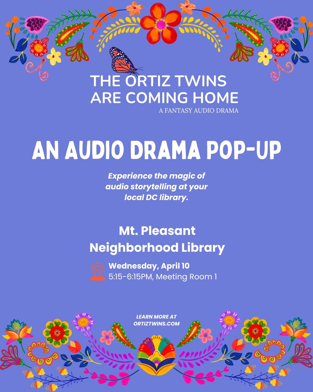 Mark your calendars! This is the final in our #audiodrama pop up events for the spring. We hope to do a similar series again, but for now we invite you to join us at the Mt. Pleasant Neighborhood Library this coming Wednesday, April 10 at 5PM for an 