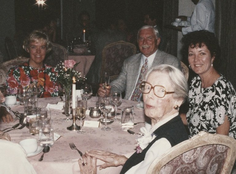  Suzanne Muchnic, Henry Hopkins and Jan Butterfield with Helen Lundeberg for her birthday celebration in 1990. 