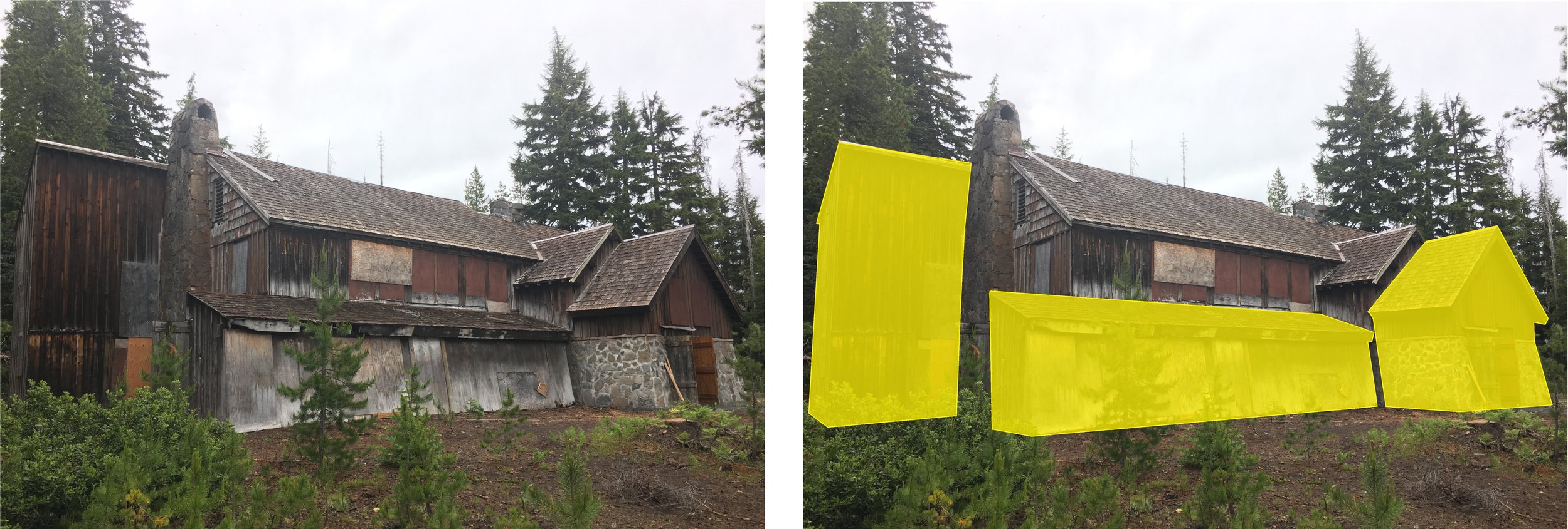 The yellow sections show later exterior additions to the lodge that will be removed to restore the structure.s original look.