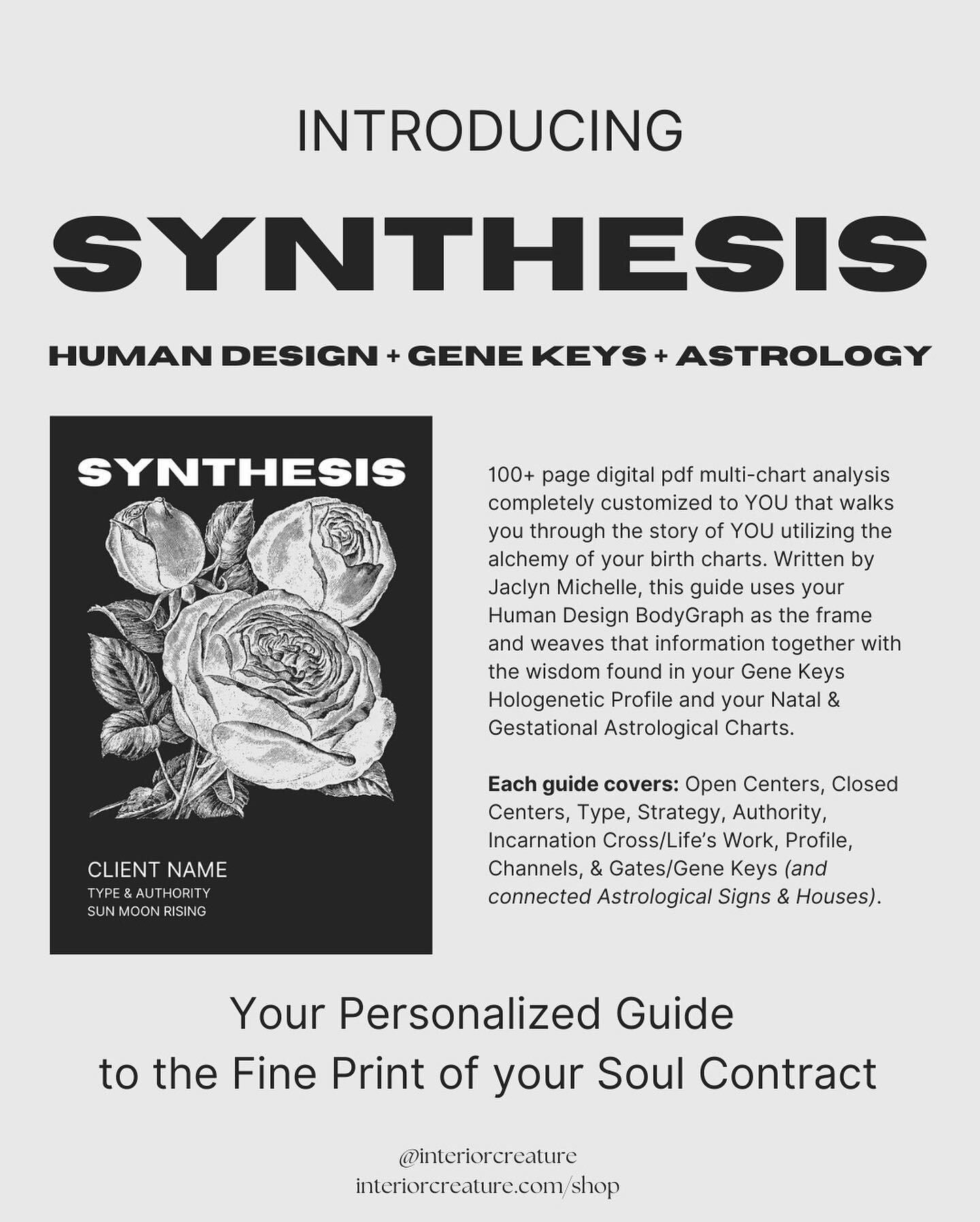 INTRODUCING SYNTHESIS
A completely customized, multi-chart analysis guide that walks you through the story of YOU utilizing the alchemy of your birth charts. Written by yours truly in practical, accessible, and, dare I say humorous language, this gui