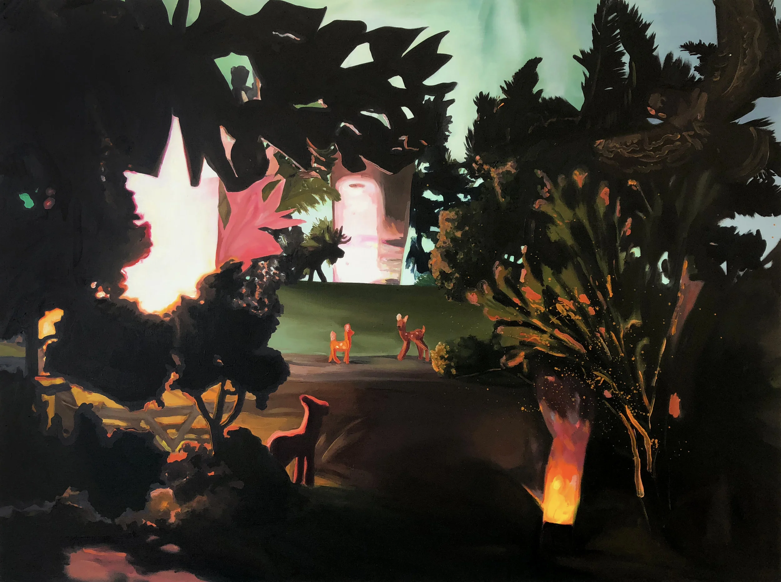 Emma Webster - "Study that doesn’t quite have five deer, six mushrooms, four owls, and a mouse" Oil on panel. 40 x 30 Inches. 2018.