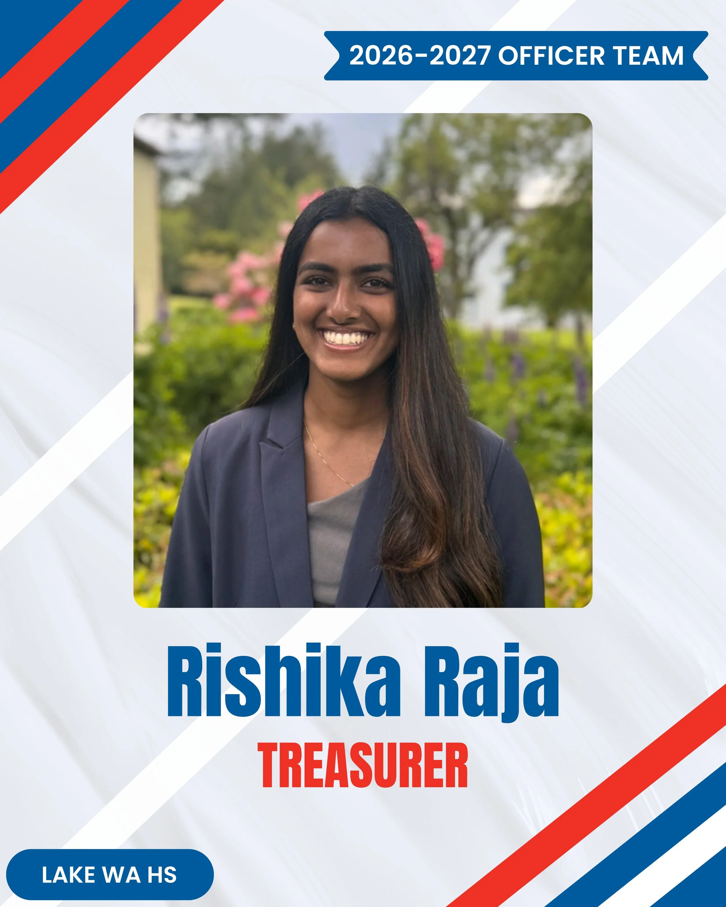 Get to know Rishika!!!
---
Hello Washington TSA! My name is Rishika Raja, and I am incredibly honored to serve as your 2026&ndash;2027 WTSA State Treasurer. I am currently a junior at Lake Washington High School, and I am so excited to meet all of yo