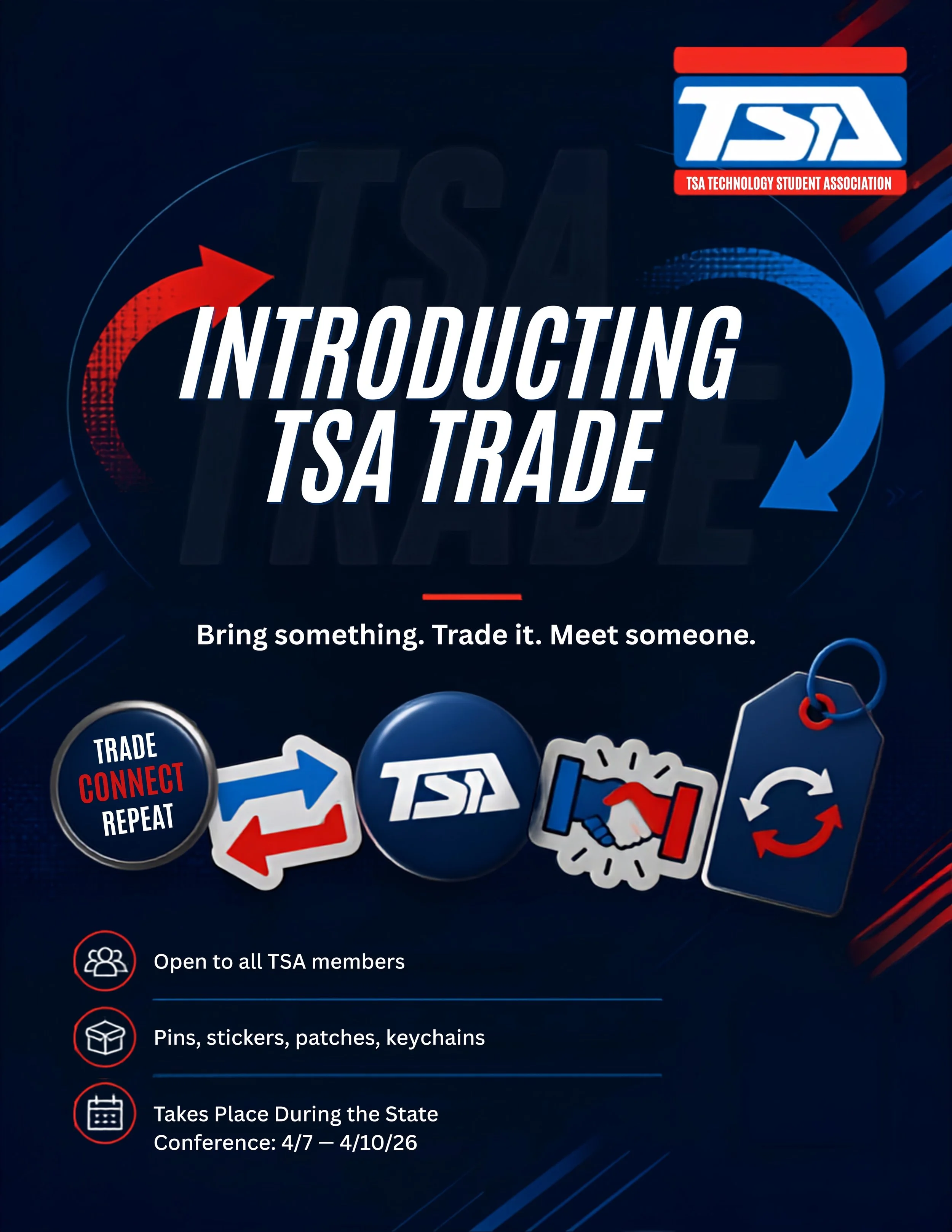 Introducing TSA Trade! 

This year, WTSA is bringing pin trading to the State Conference, just like at Nationals. Design and make your own pins, patches, or stickers with your chapter, then trade with other chapters when we get to Spokane.

More deta