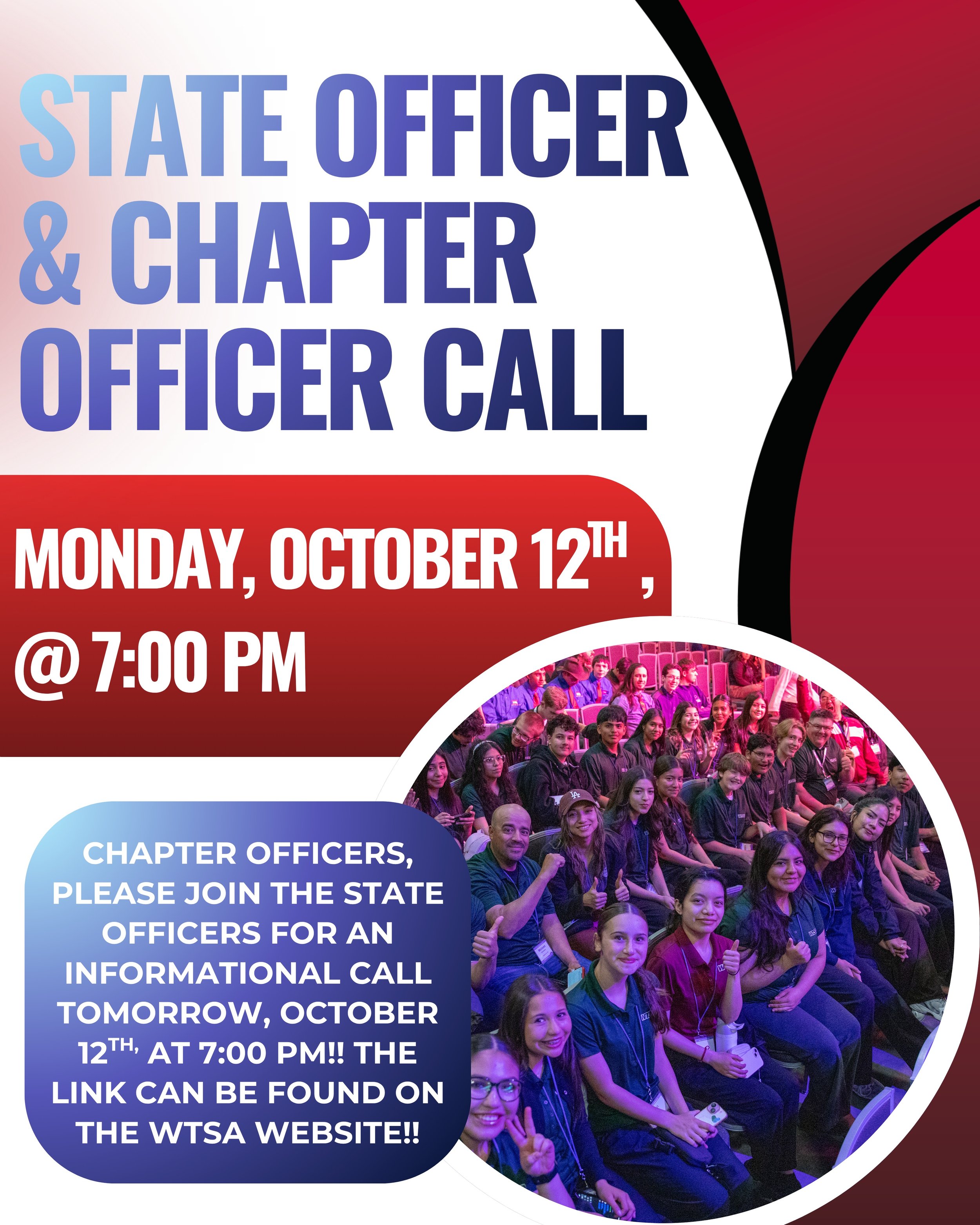 Just a reminder to join our State Officers tomorrow, Monday the 12th, for an informational call at 7:00 pm!!
