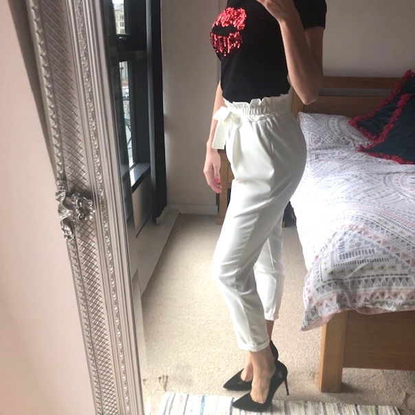 white high waisted paperbag trousers
