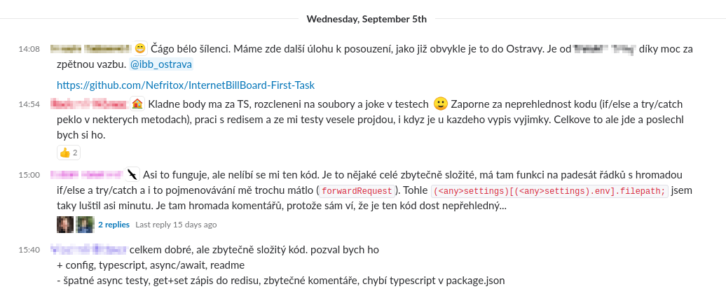 Вот так мы обсуждаем в Слэке результаты тестовых заданий кандидатов на программиста