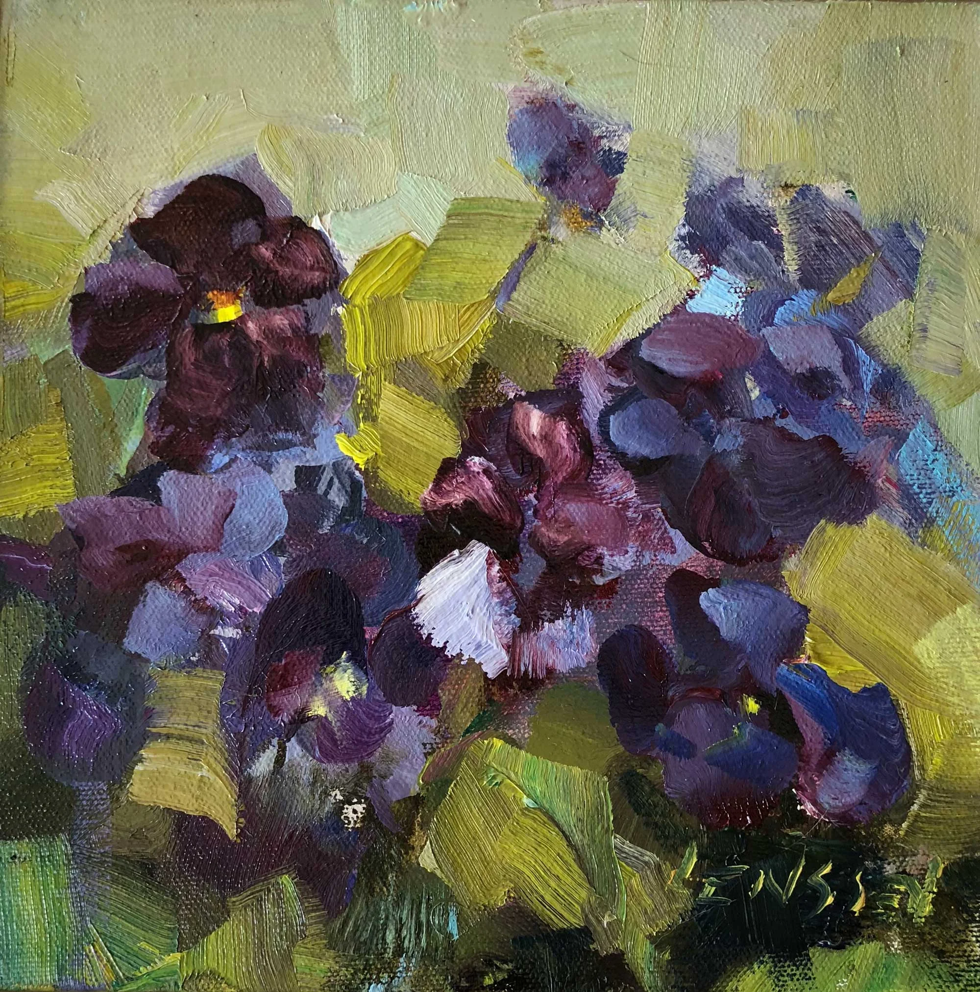 PANSIES IN PURPLE<BR>8 X 8 IN / OIL ON BOARD<BR><BR>AVAILABLE