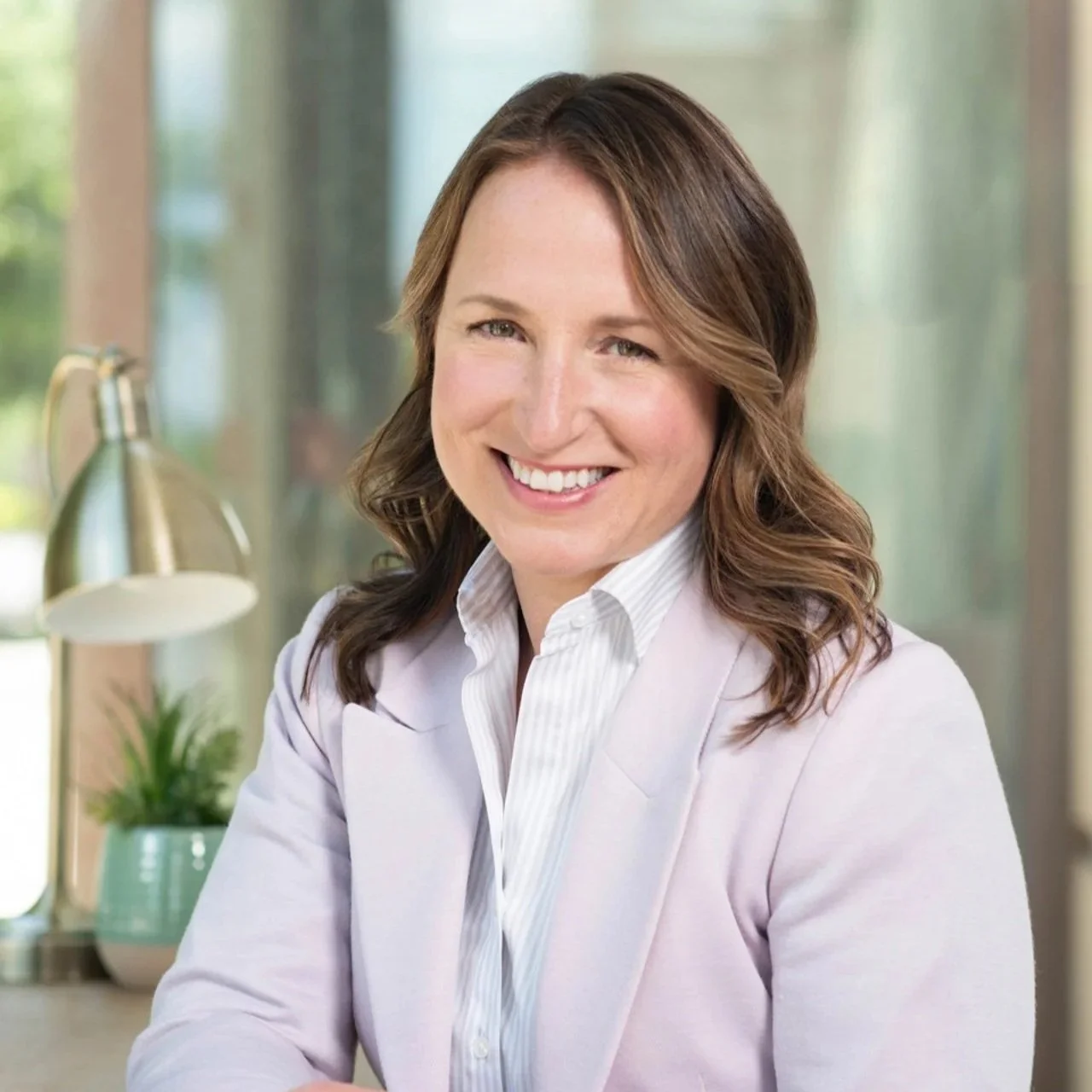 Professional branding portrait of a smiling woman in a lavender blazer and white blouse, seated in a bright interior with greenery.