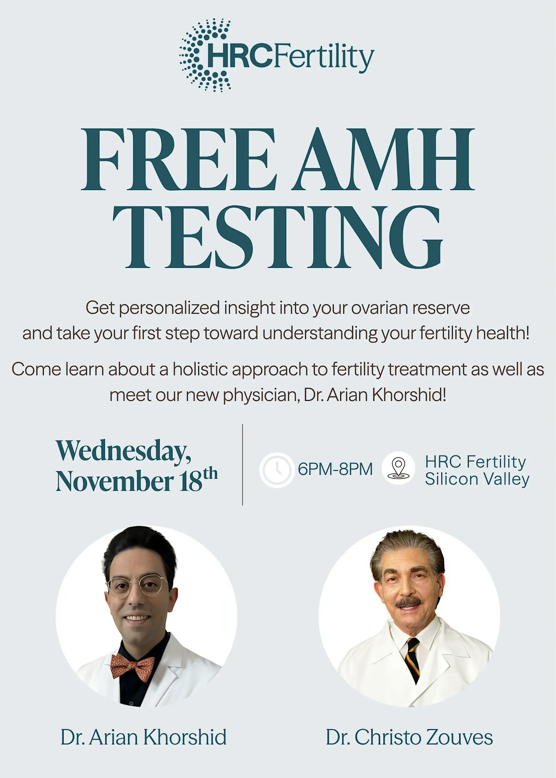 FREE AMH Testing Event with HRC Fertility-Dr. Zouves and Dr. Khorshid