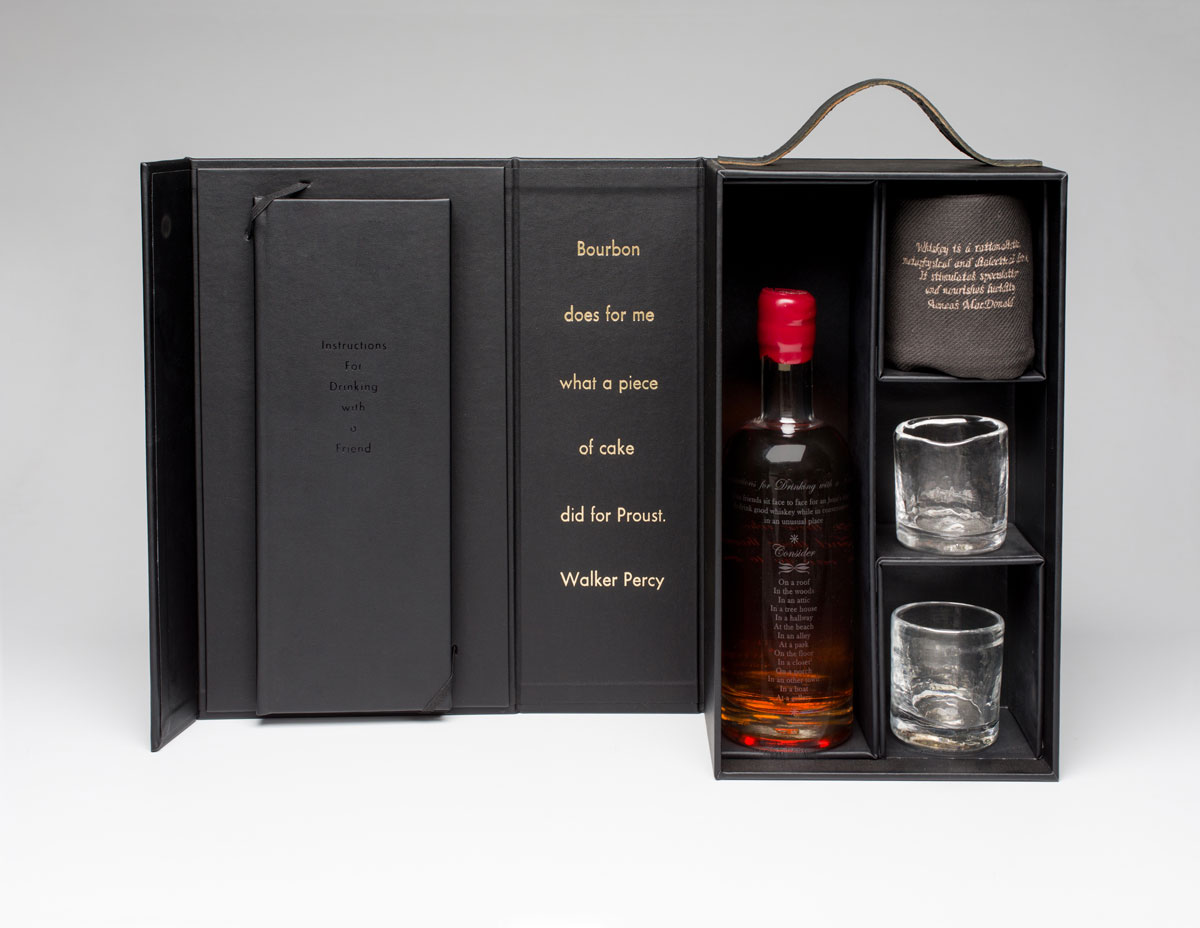   Instructions for Drinking with a Friend , 2016 instruction book, custom distilled whiskey, hand blown &amp; etched bottle, two hand blown glasses, embroidered towel, custom case dimensions variable, 14 x 8.5 x 5" box Edition of 12, 1AP 