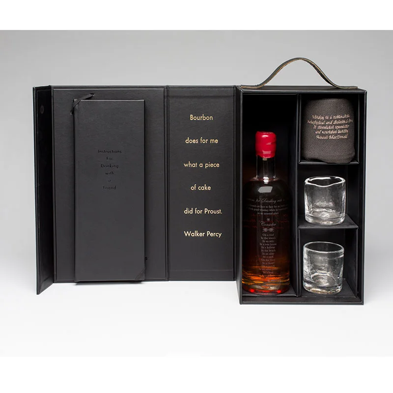 Instructions for Drinking with a Friend , 2016 instruction book, custom distilled whiskey, hand blown & etched bottle, two hand blown glasses, embroidered towel, custom case dimensions variable, 14 x 8.5 x 5" box Edition of 12, 1AP Inquire >