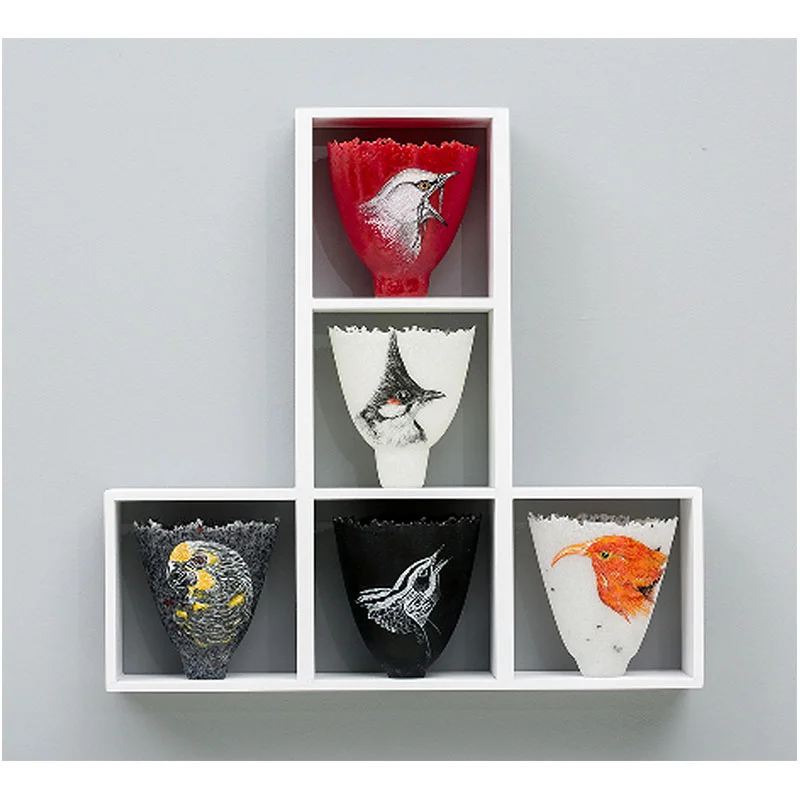 Glorious Passerines , 2012 glass, vitreous enamel and wood 18 x 18 x 3" Inquire >