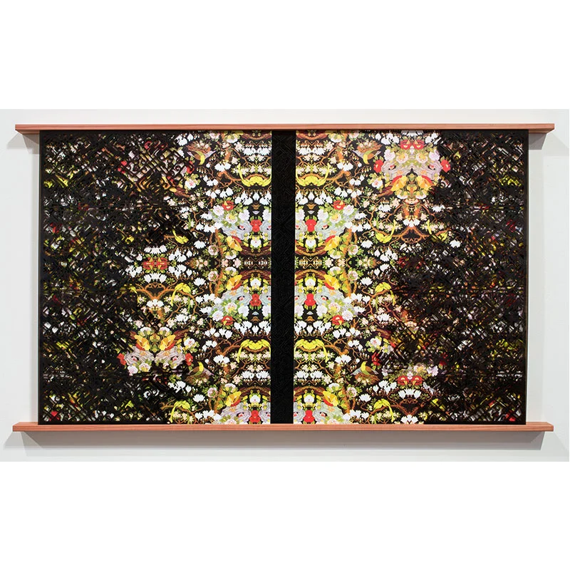 Reflection , 2016 screenprint on aluminum, lasercut acrylic and wood 53.5 x 31 x 2.5" Inquire >