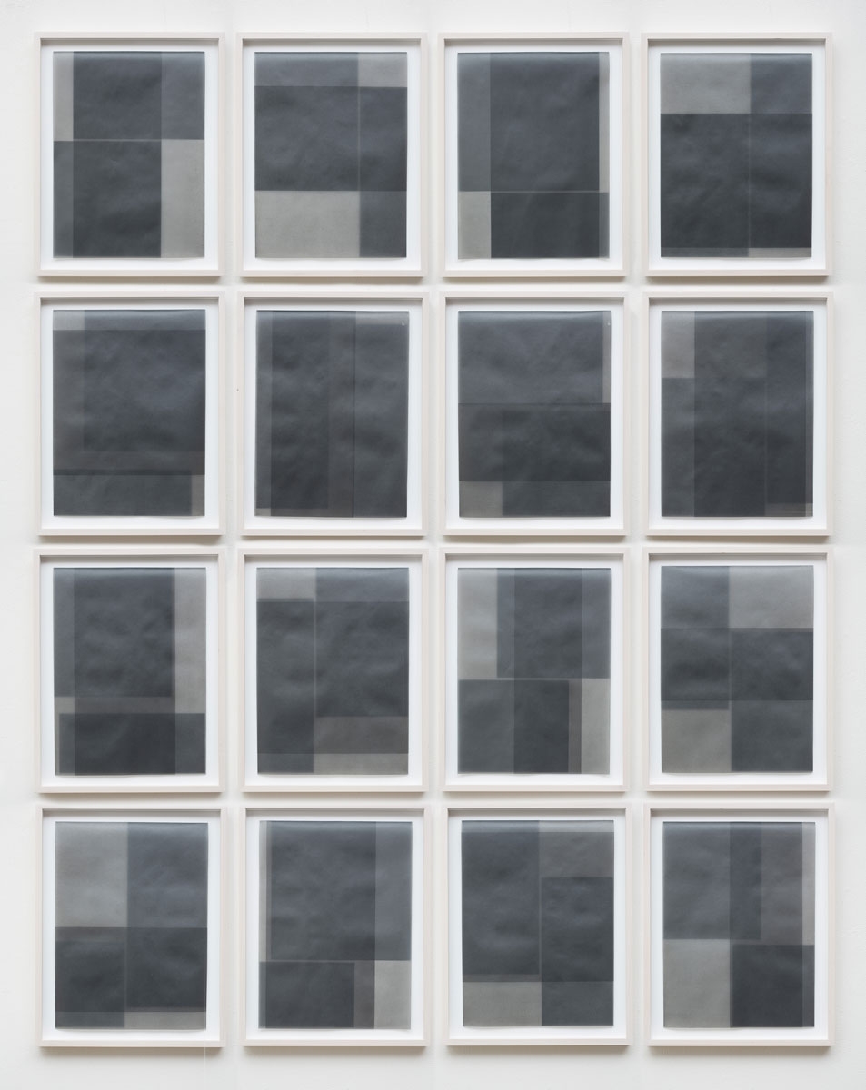   Untitled, 2014-1205/1220 , 2014 suite of 16: graphite pigment in wax on paper 18.5 x 14.5" framed each 80 x 64" overall 