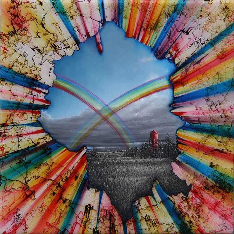 Double Rainbow, 2013 ball point pen, oil and resin on panel 12 x 12" Inquire >