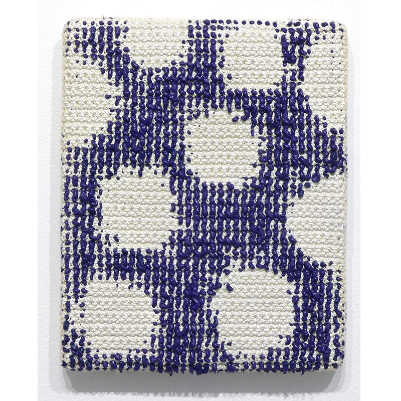 Angela Teng Dancing Girls , 2017 acrylic and oil through crocheted cotton 10.25 x 8.25" Inquire >