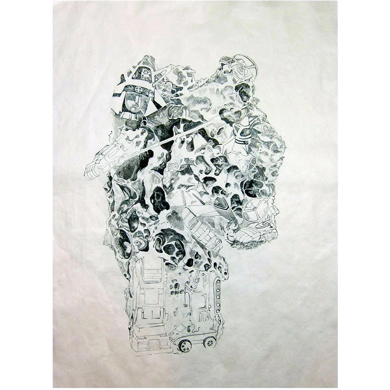 Howie Tsui Fossil Mech #3 , 2017 paint pigment and ink on mulberry paper mounted on silk 31.5 x 24.75" Inquire >