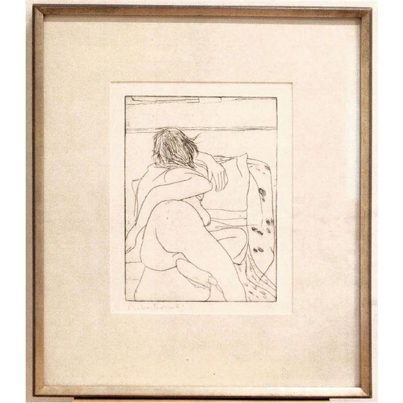 Backside View of Reclining Nude Woman , 1961 hardground etching on Arches paper; copper edges cut 11.75 x 8.5" image 19 x 14" paper 23 x 18.25 x 1.75" framed Edition of 9