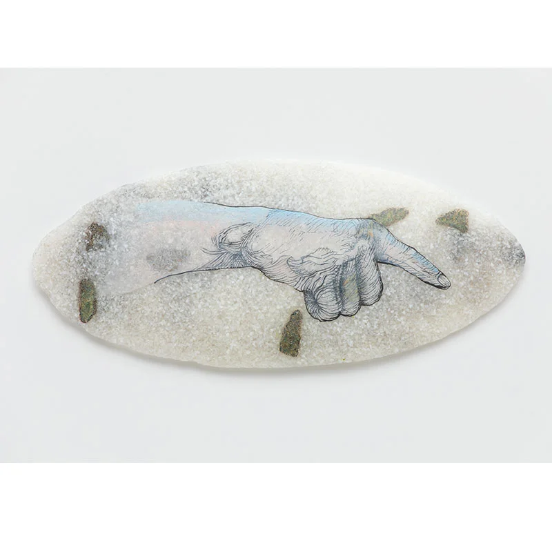 Untitled (hand pointing finger) , 2018 vitreous enamel glass 3.5 x 7.75" Inquire >
