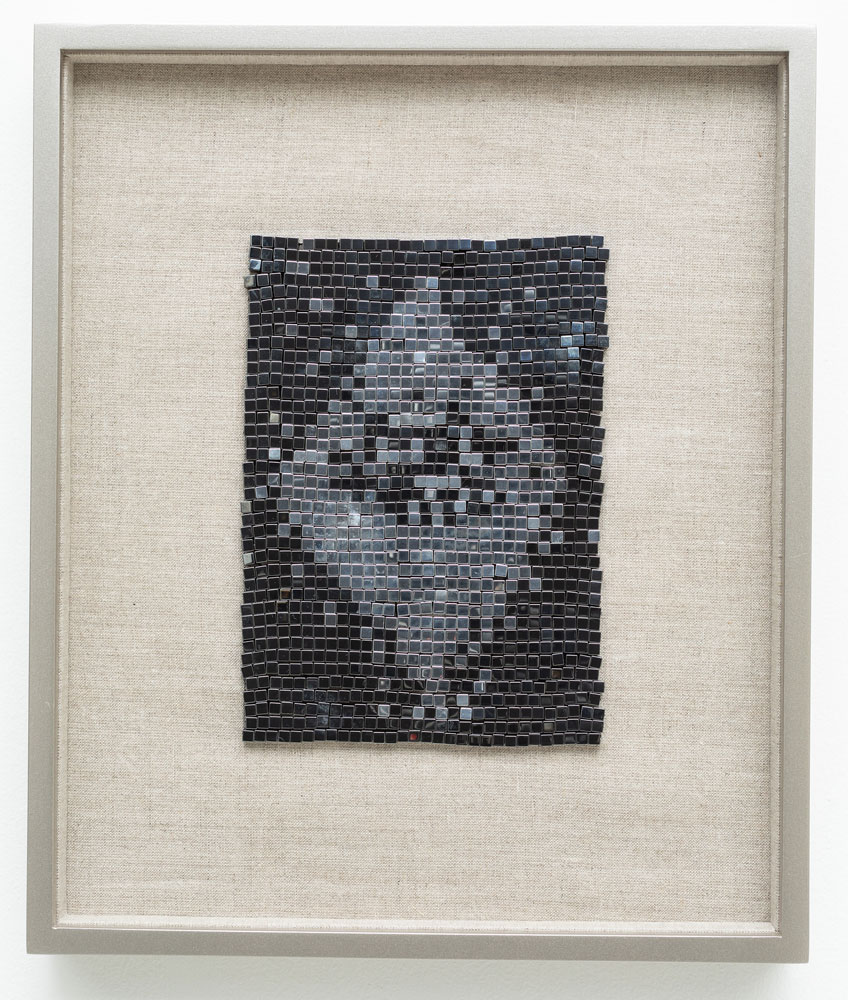   Satellite of Love , 2018 steel beads on linen 13 x 10.75" 