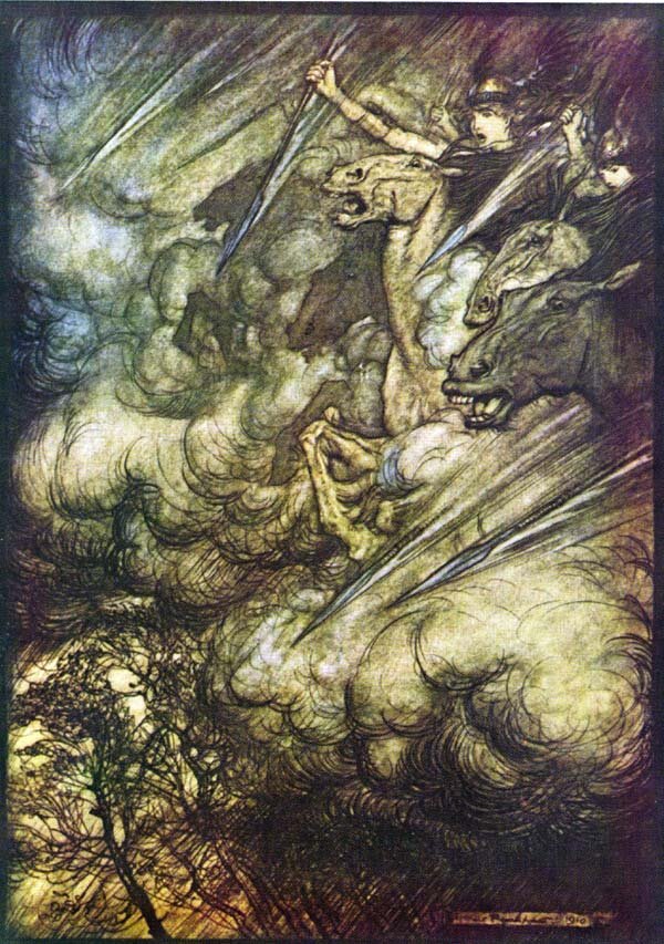   Arthur Rackham's illustration to  The Ride of the Valkyries    Wagner, Richard (translated by Margaret Amour (1910).  The Rhinegold and the Valkyrie . London: William Heinemann, New York: Doubleday, Page 148. 