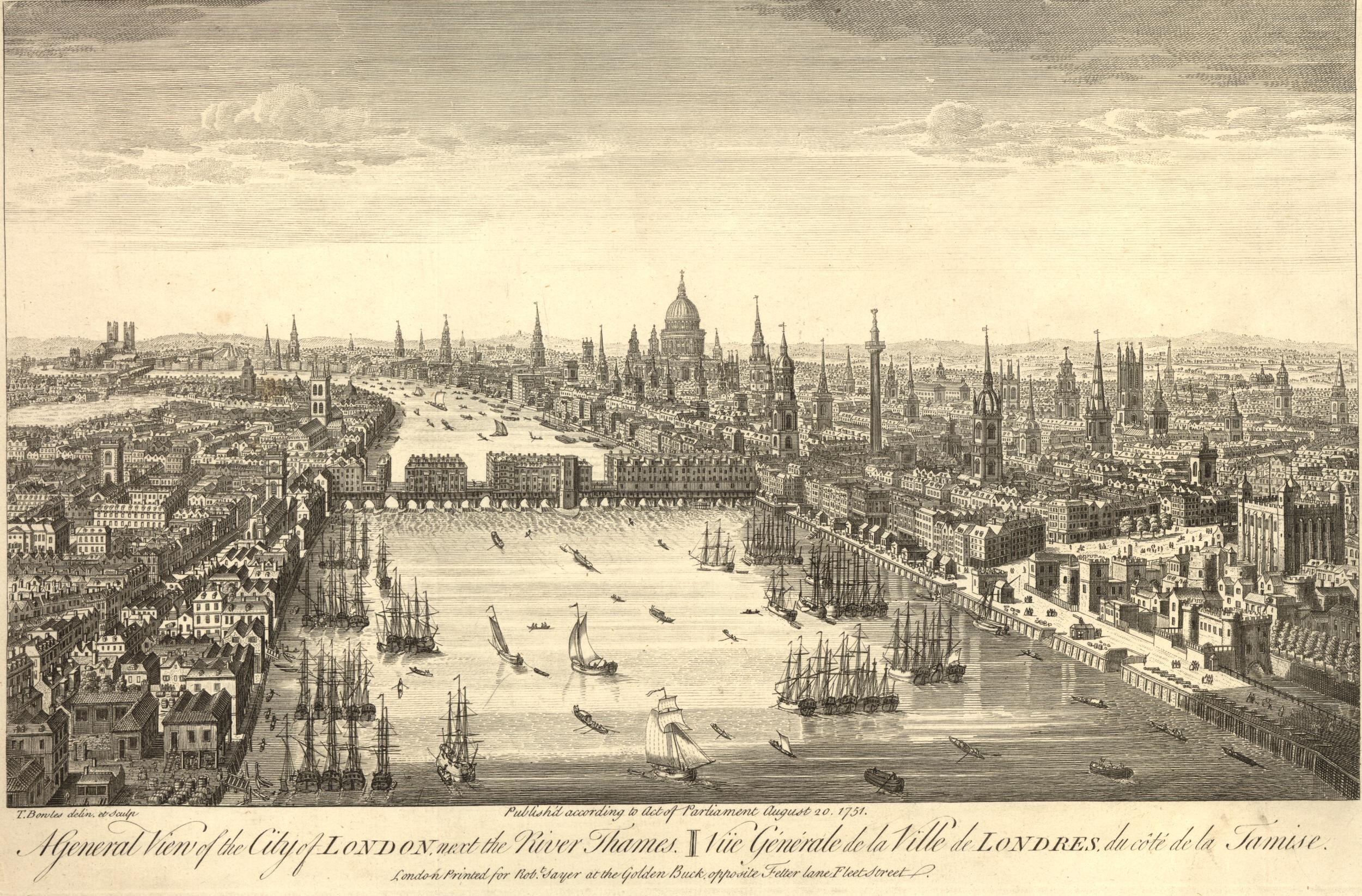   Bird's eye view of London ; 1791 etching and engraving shows the Tower on the right, old London Bridge in the centre with the Monument to its right, St Paul's beyond, Westminster Abbey in the distance at the left.   © The Trustees of the British Mu