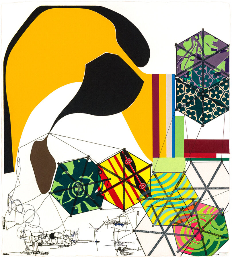 Jacob Hashimoto The Necessary Invention of the Mind, IX, edition of 37, 2020 woodblock and screenprint 22 7/8 x 20 5/8” Inquire&gt;