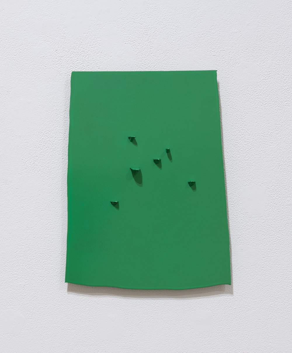 Amanda Wojick, green, 2022, powder coated steel, 13.75 x 10.5", $1,500