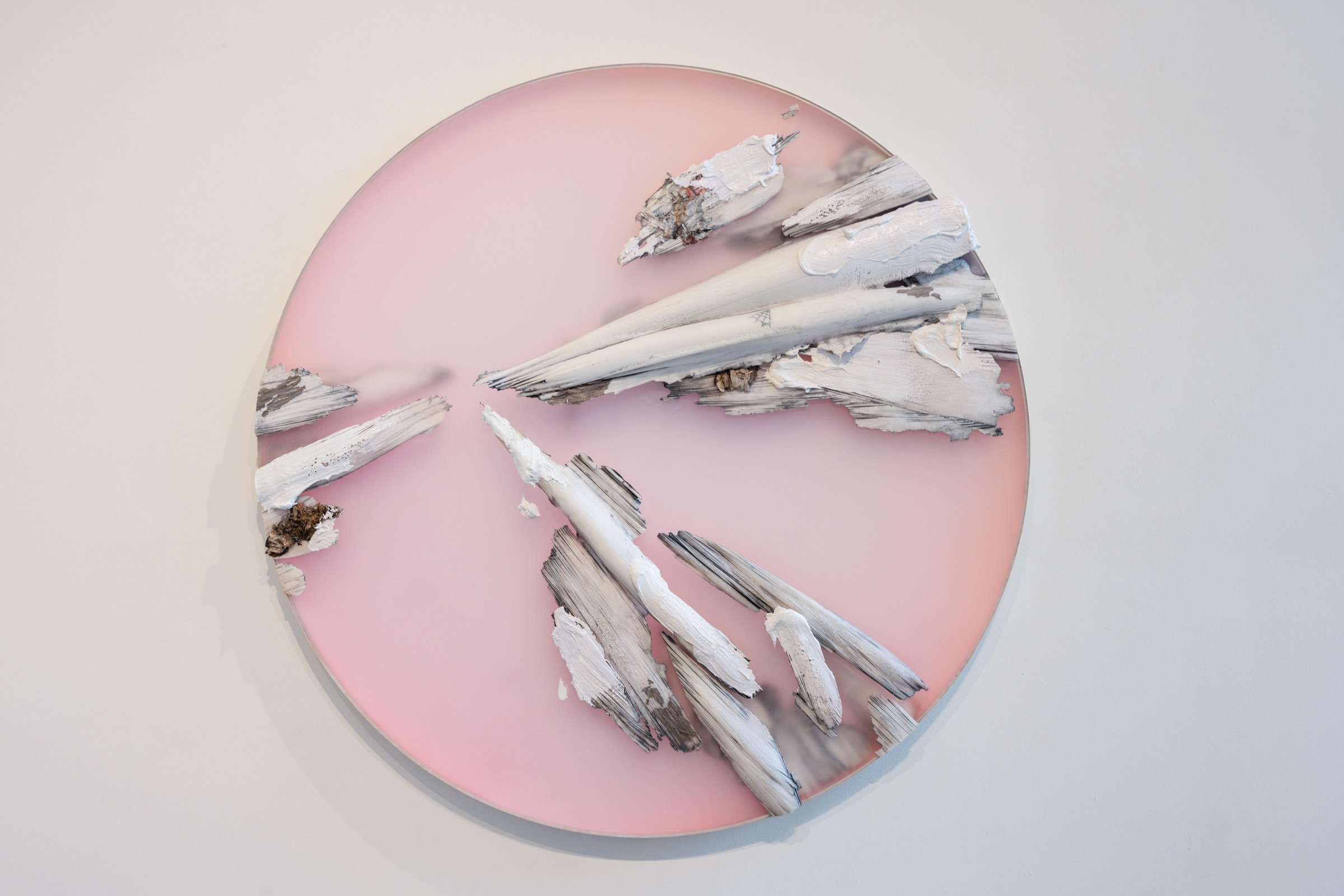   Signs of life 4 , 2023 polyurethane, oil, acrylic, latex, ink, quartz, paper, wasp paper and ash on plexiglass and wood 60" diameter 