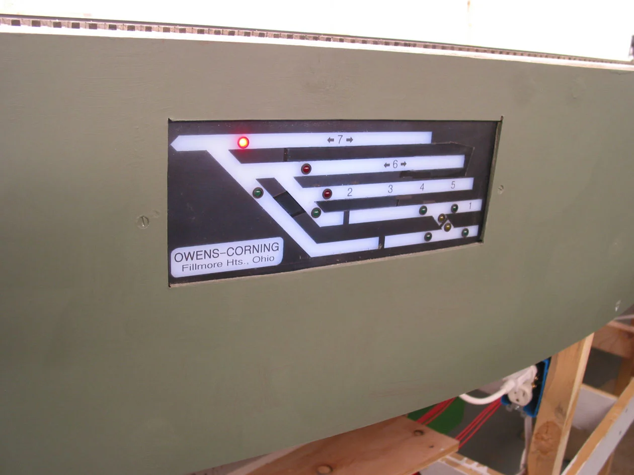 Because the operation at Fillmore Heights is so up-close-and-personal, it uses ground throws. However turnout position indication is provided on panels via micro-switches on the ground throws. This will be particulary helpful in night ops.
