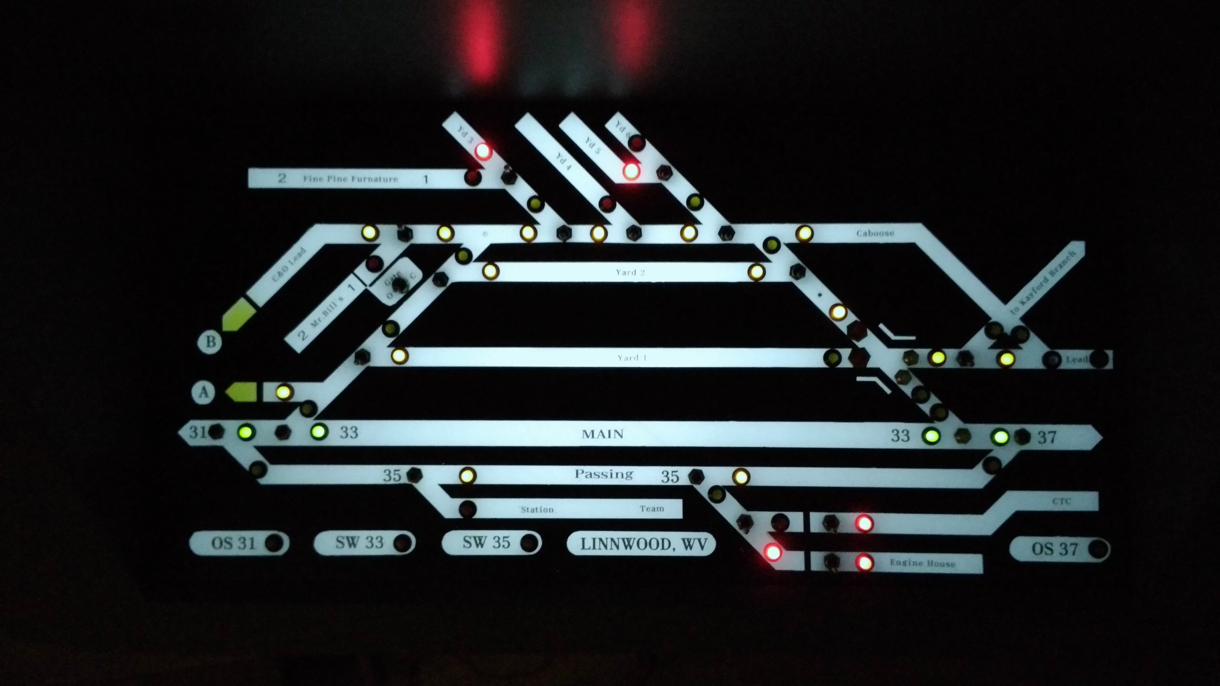  A glimpse of the Linnwood panel. The bottom row of OS and SW LEDs show how interconnected this town is with the CTC.  The "A"&nbsp; and "B" at far left are the connection points of this panel with the adjacent C&amp;O panel.  In the darkened, rainy 