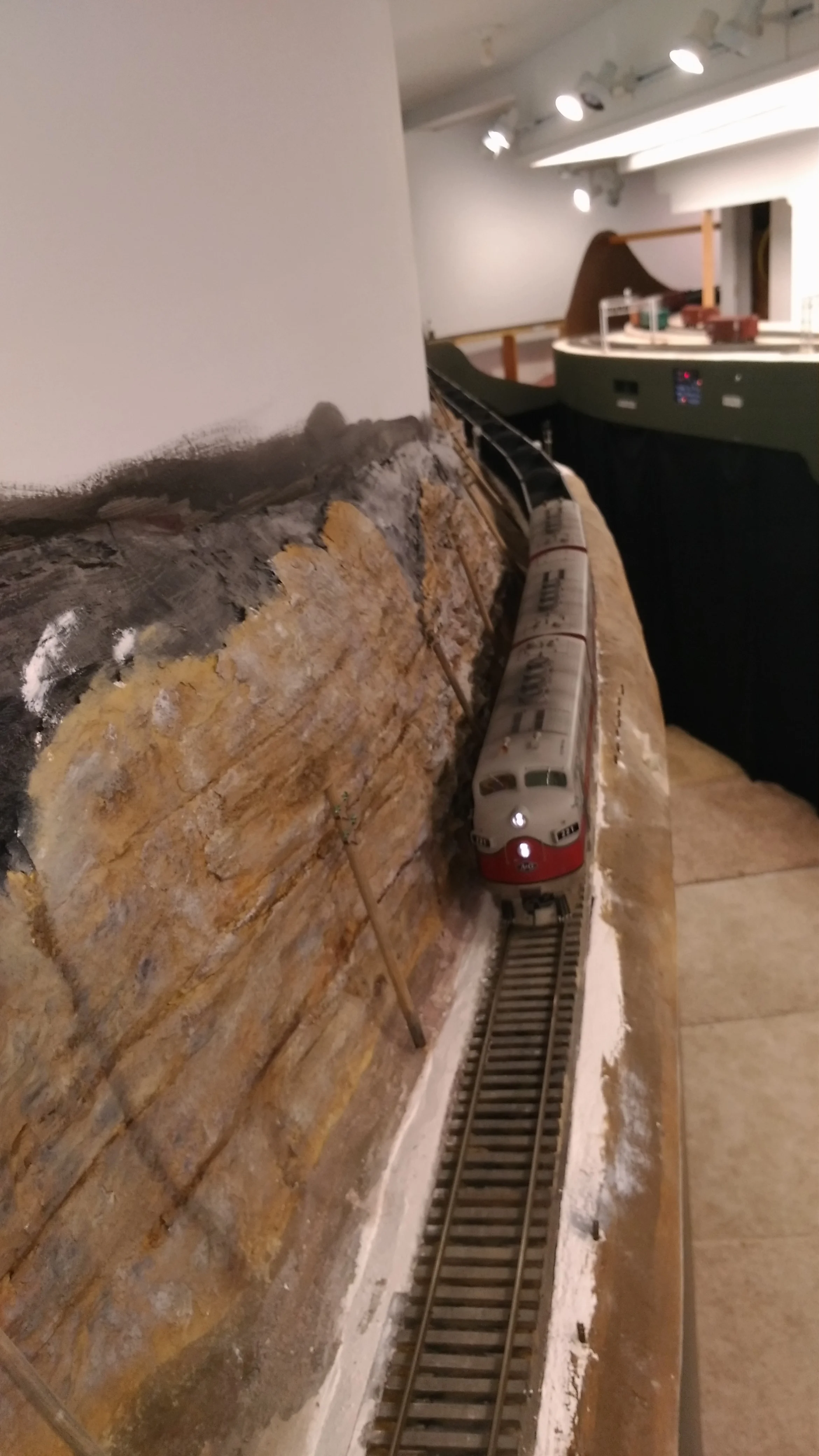 Leaving the viaduct, our train passes scenery in progress. Shallow but vertical, and at chin height. Grin.