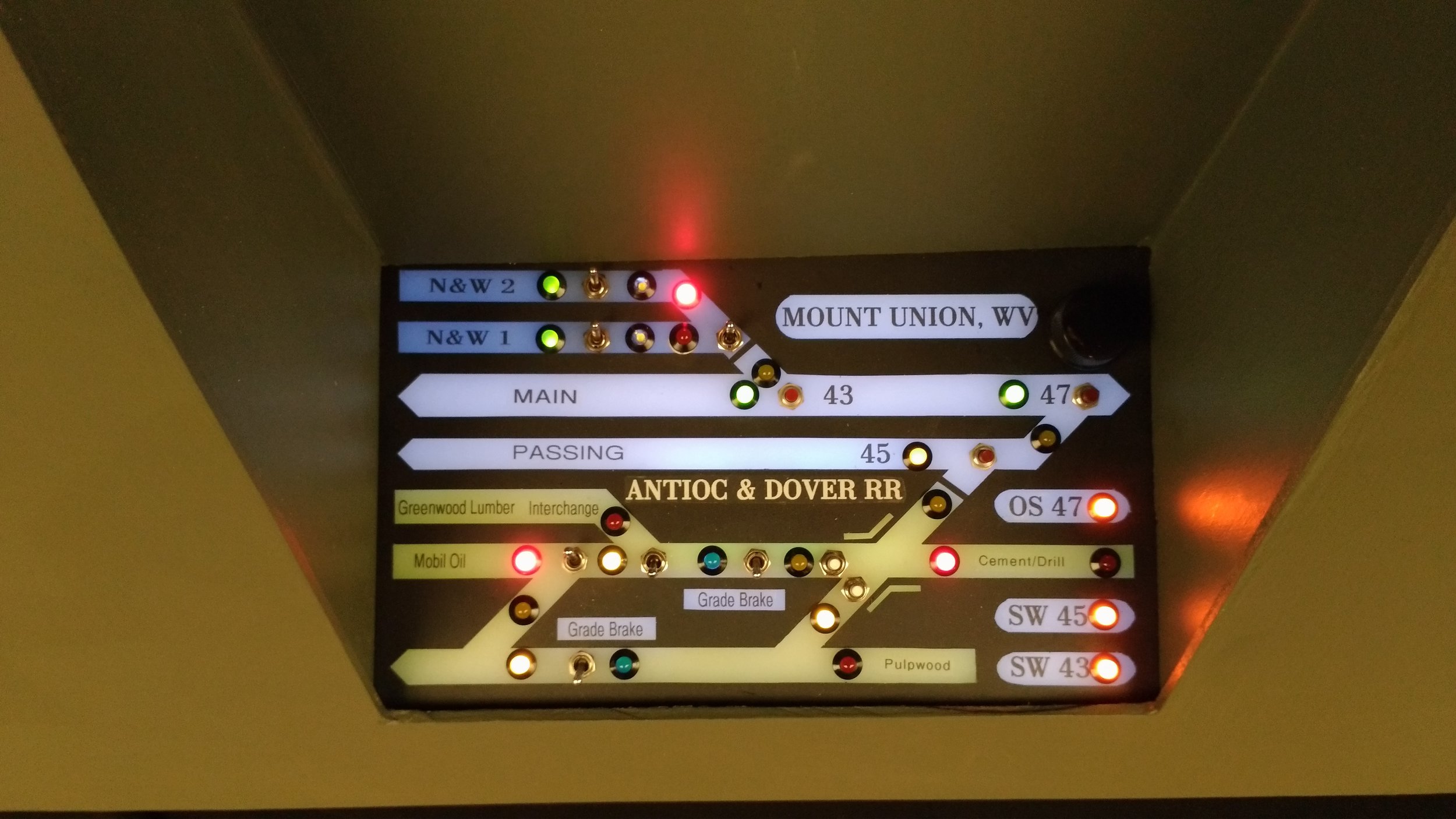  A look at one of the panels in Mt. Union featuring A&amp;O (white),&nbsp;A&amp;D (yellow), and N&amp;W (blue) trackage. The A&amp;D switch crew will have fun here, with the necessary Grade Brakes adding to the experience.&nbsp; 