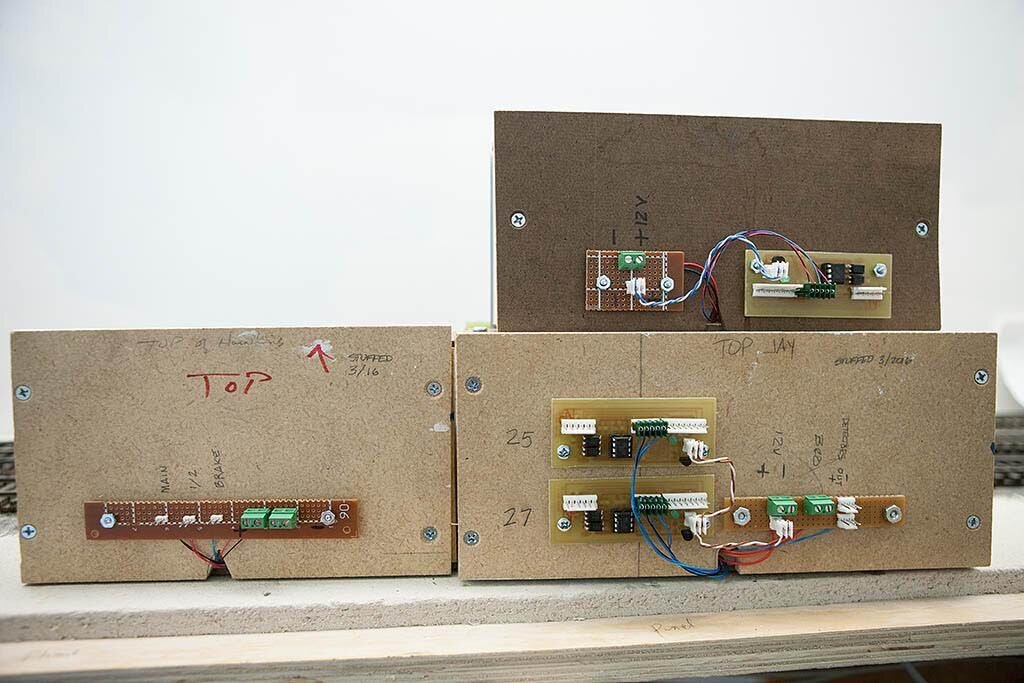  Three panel boxes ready for install. Note the connector plugs for power, Tortoise motors, etc. which greatly helps with install and trouble shooting. A&amp;O 2.0 has 36 such panels. THANKS BOB!!!  