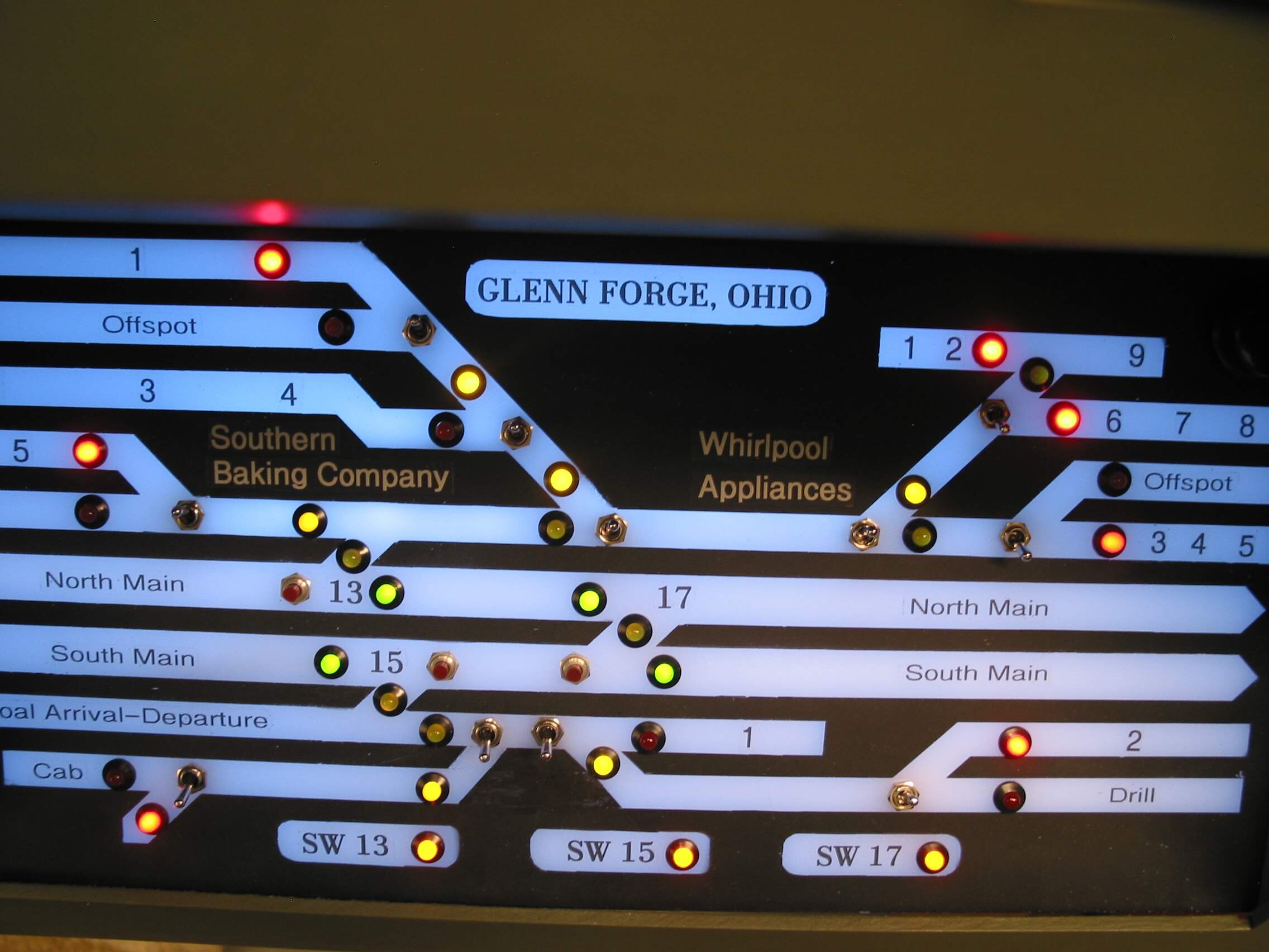  I used the panels as location data spots also. Industry spots and track identities are called out. The red push buttons for switch control are inactive unless unlocked/activated by the DS. 