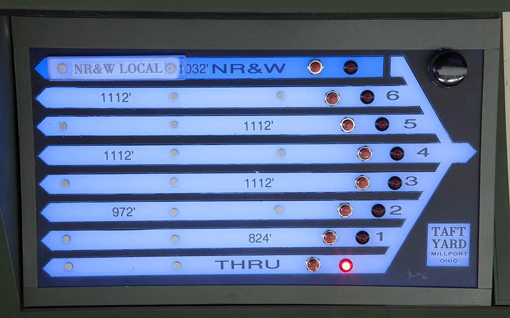  Another look at the Taft Yard staging panel observes that track routing circuitry is used to select each track via a single pushbutton. Selecting also powers up that particular track. Deselecting powers down. Pot dimmer is in upper right. 