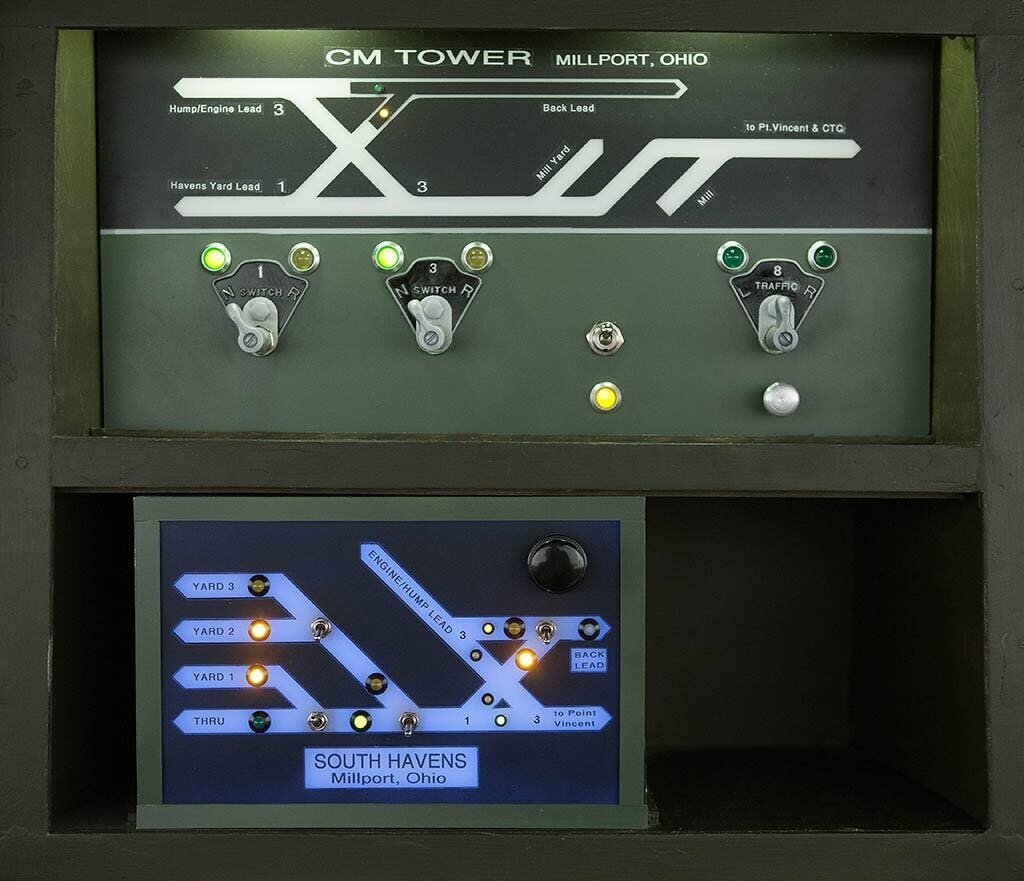  Why fwo panels at Millport’s CM Tower? The upper panel is a CTC like design and via the Traffic Lever connects with the DS panel. This would be appropriate for a tower panel and as such it is not backlit.  The lower panel is for all other turnouts i