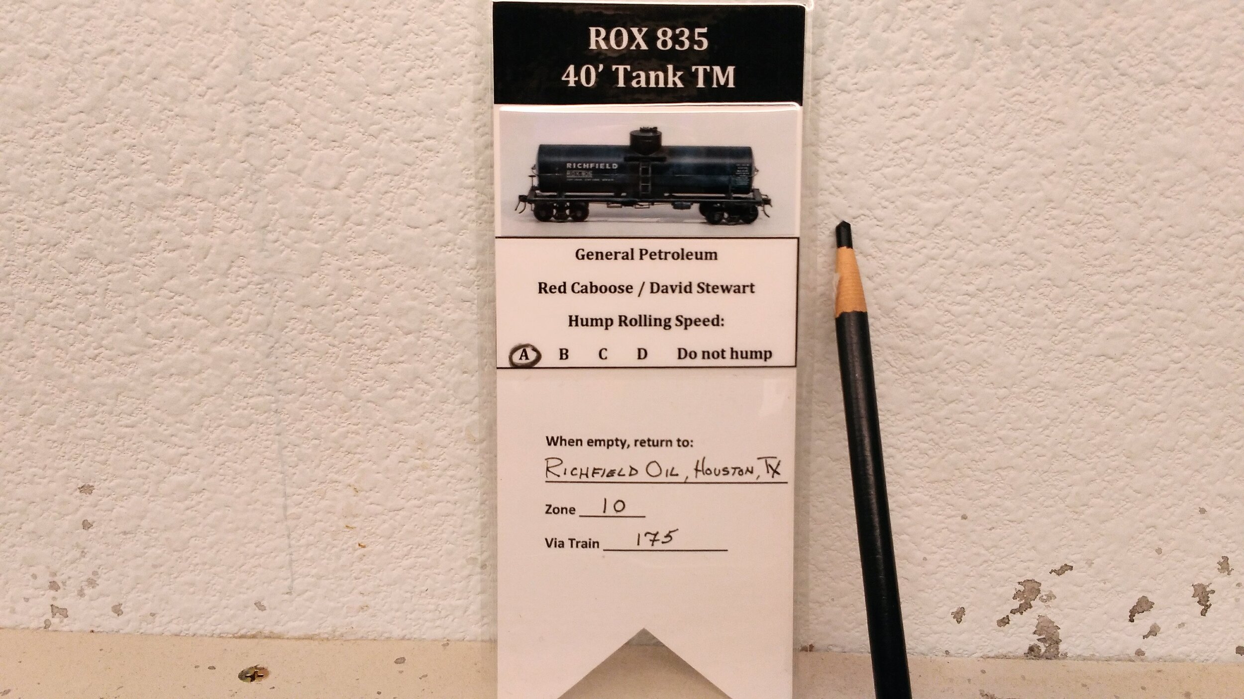  Finally ROX835 is ready for service by circling “A” on the car card. This was previously done with a grease pencil, but now with a Sharpie as the grease pencil proved too easily removed by handling.  The “Hump Rolling Speed” is a guide for the hump 