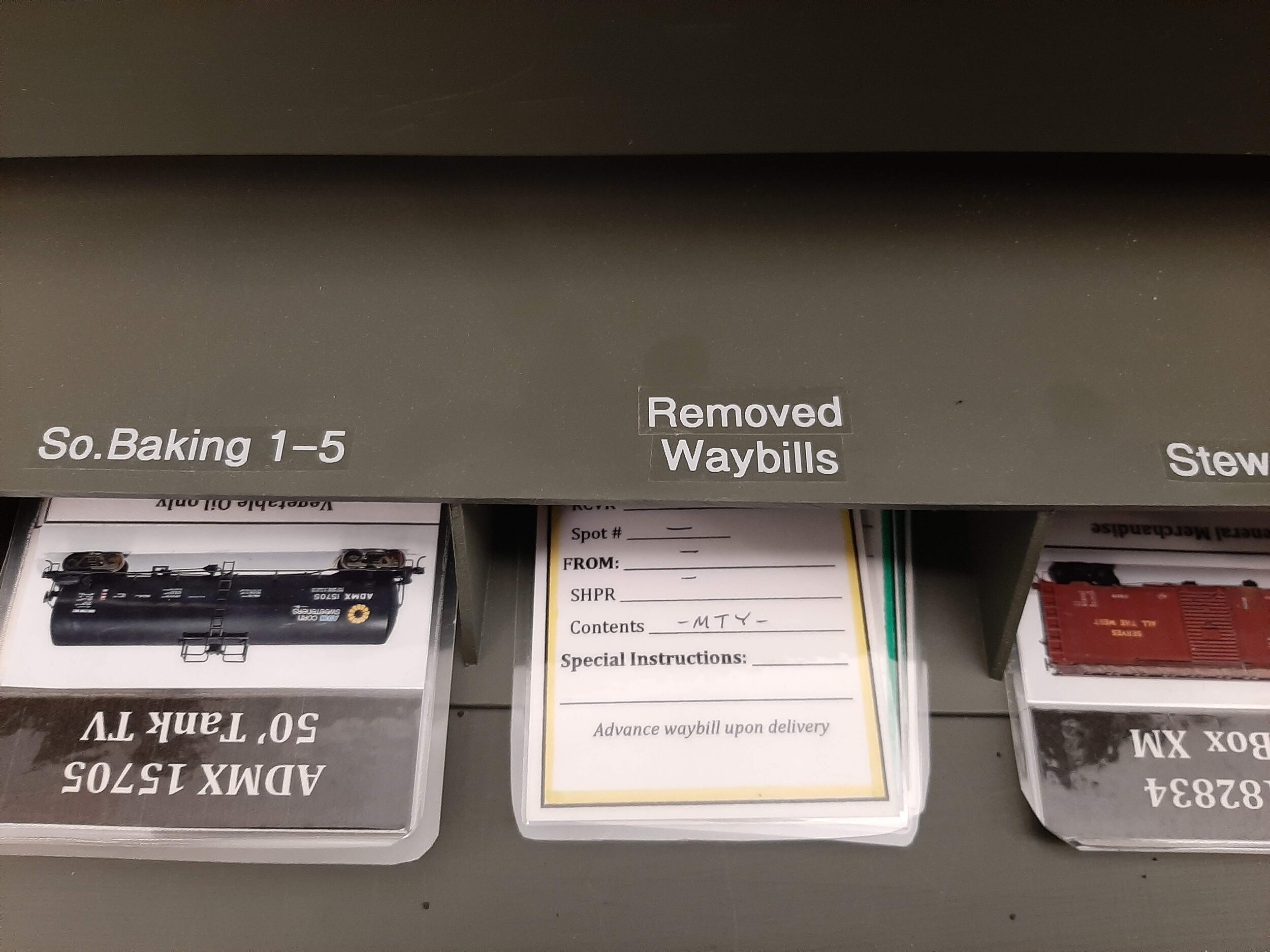  When cars are set out, the waybill goes into the industry card file. A separate “Removed Waybills” file is also near each switching location.   