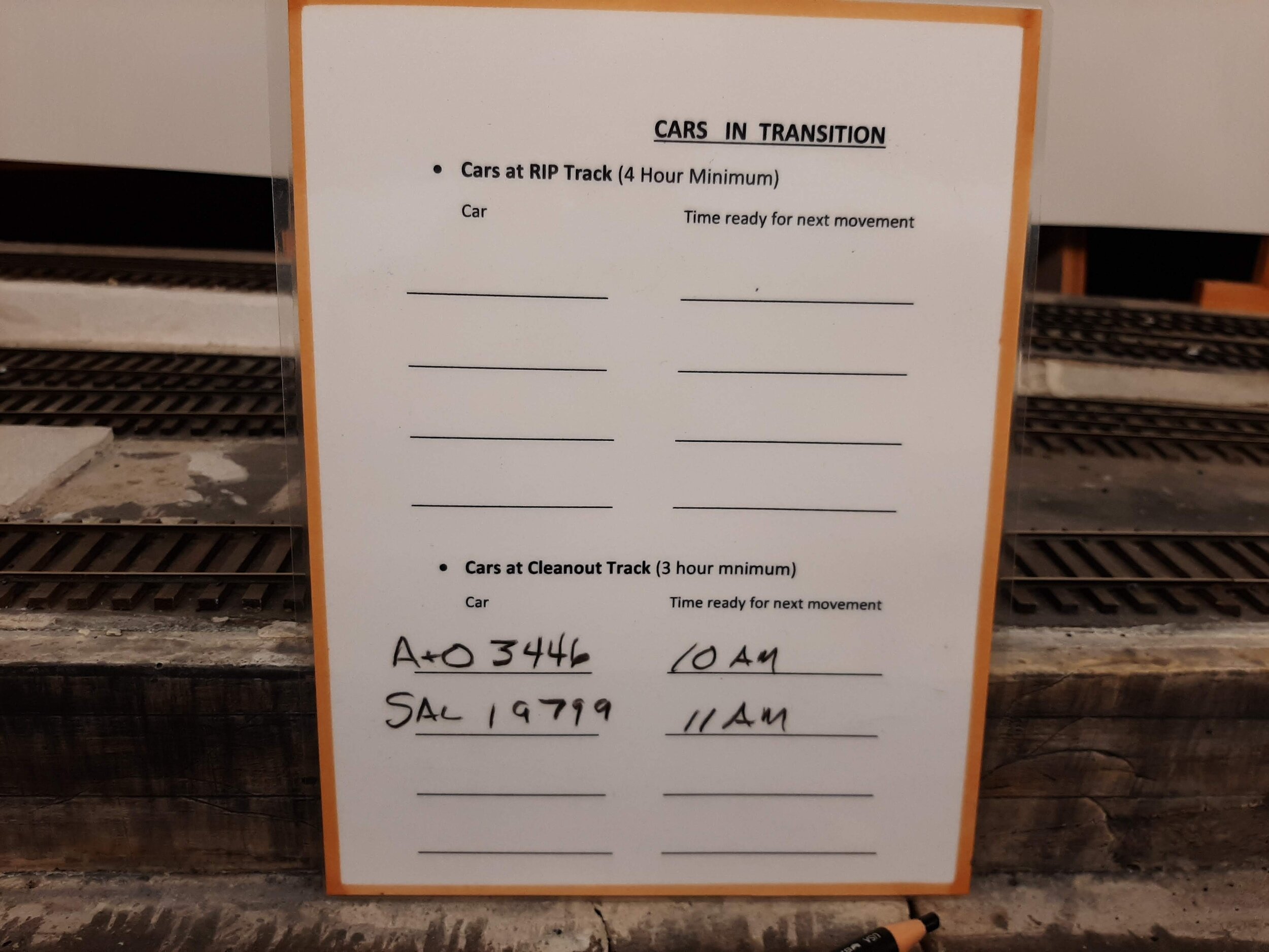  A similar sheet at the YM “desk” keeps track of this. YM will alert crews when it’s time to pull the card and put the car back into it’s routing. 