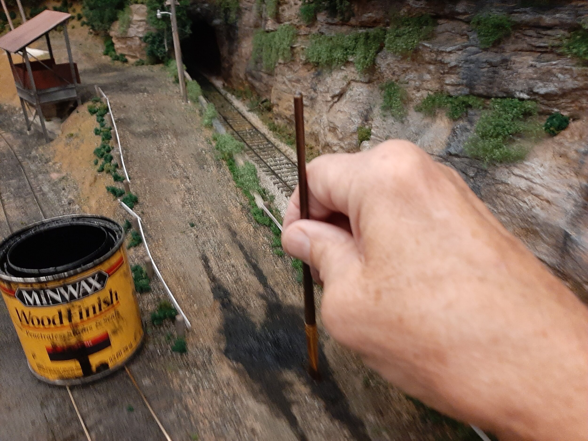  Minwax Ebony stain is applied to the puddle and “wet track” areas.(During earlier scene planning I had removed/sanded the “Bowl” for the puddle into the Micore.). This also works on rock faces to simulate weeping water. 