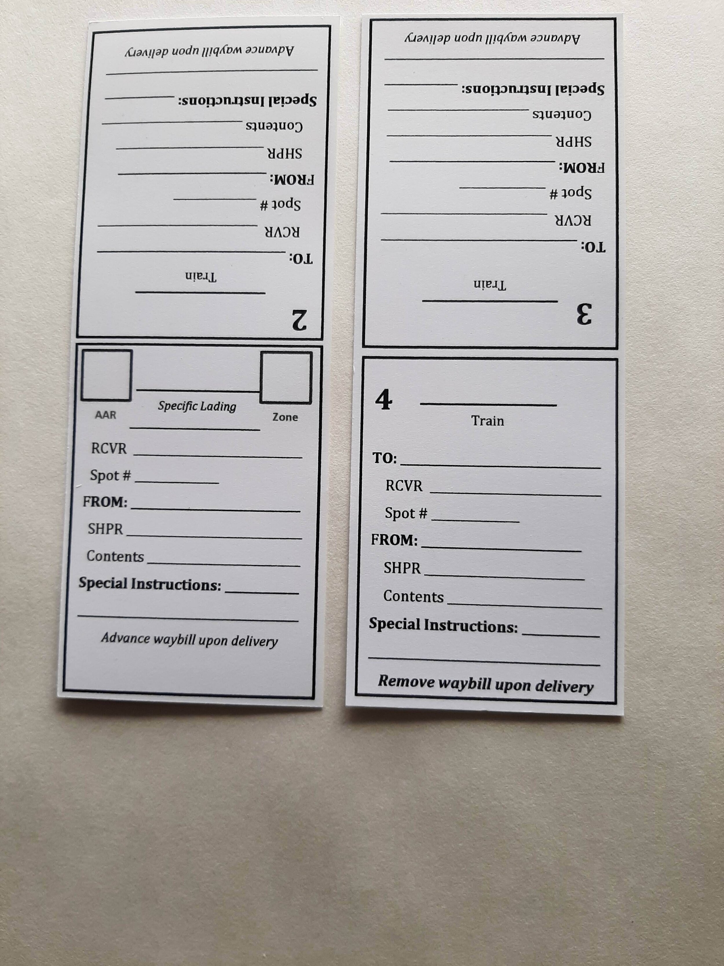  Waybills were also done in Word and printed/cut at Kinkos. Worth the cost. Because the car cards are “bottom loaded” the data is arranged in this manner. These are 4 position waybills with the first position called out by the AAR code for the car ty