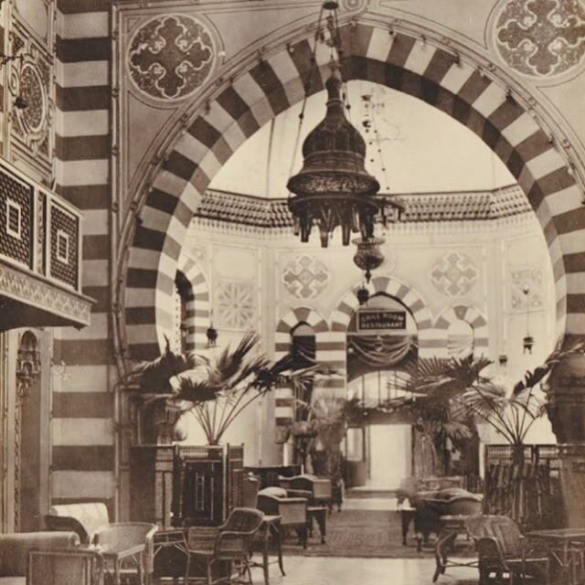 Still day dreaming of all we saw on our beautiful journey. we stayed st Mena House in Egypt with views of the great Pyramid. Here is a shot of the interiors Circa 1886 when it opened.