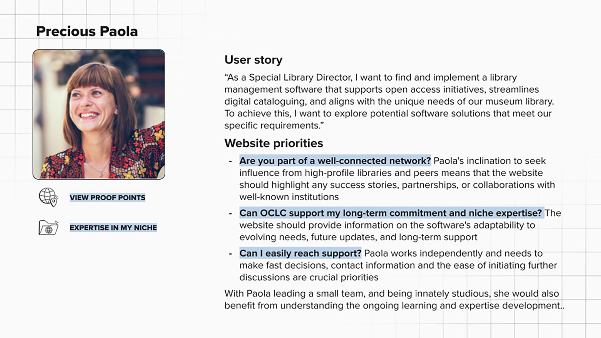 During the insights phase, we ran workshops with the Italian team to identify the key personas the website needed to engage. Three stood out: two leadership figures - Analytical Analisa and Precious Paola - and an influential peer, Cataloguing Carlo