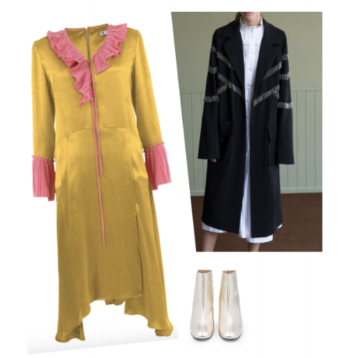A colorful alternative to Dinah's choice. Clockwise from top: Black Jacket with fringe, Sabina Musayev, Silver Jessie boots, Country road, Yellow and pink in the pleat of night dress, Trelise Cooper