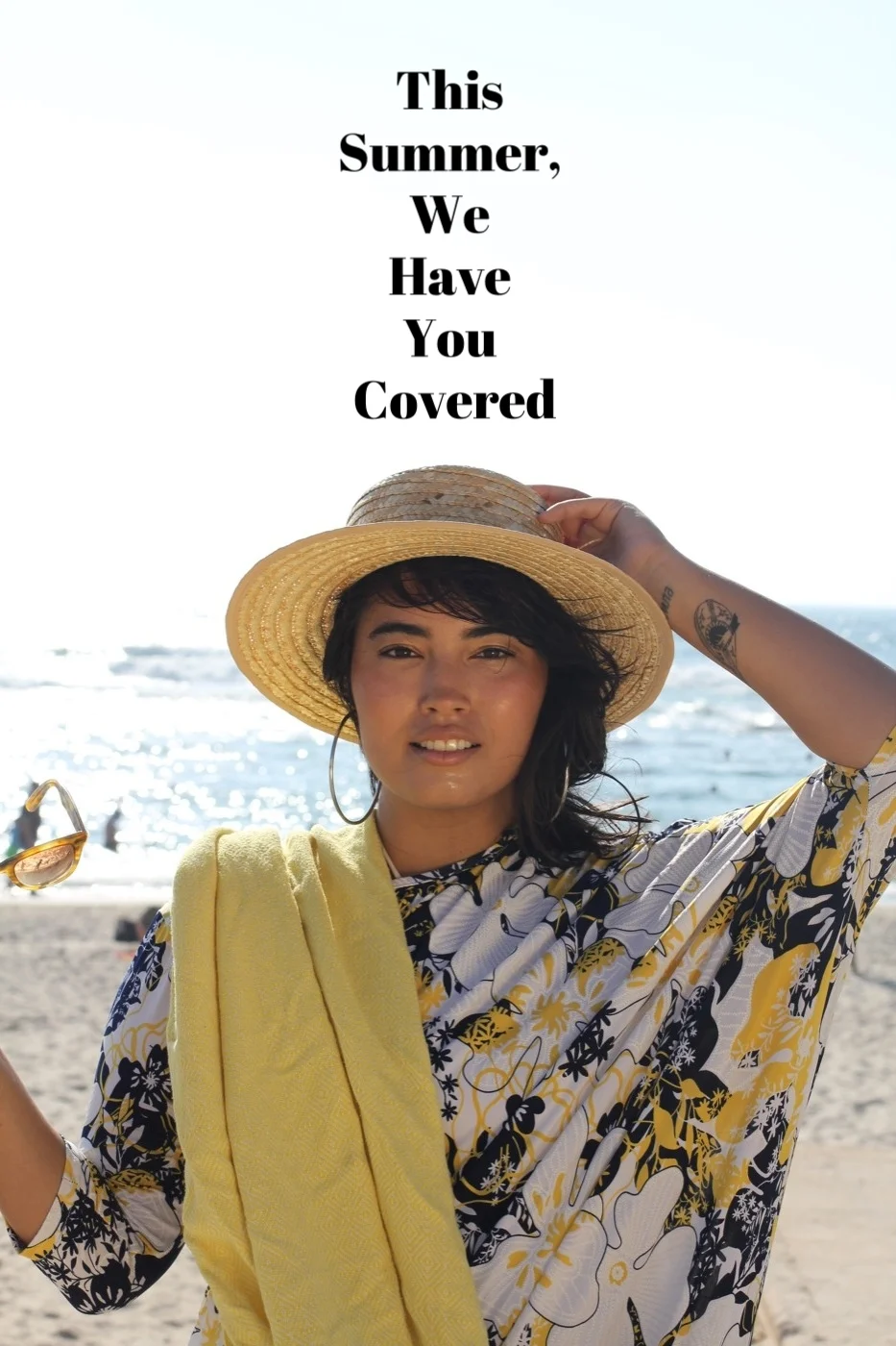 Model Hannah Hebron wears Pour Sasha Modest Swimwear , Turkish towel and hat, stylist own