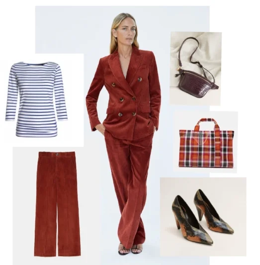 Clockwise from top: Striped top, Bretton, Corduroy Suit, Zara, Cross pouch bag, Stradivarius, Check plastic bag, Zara, Shoes, TopShop